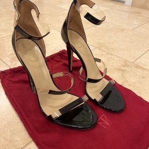 Tamara Mellon Reverse Front Line Clear & Black Patent Leather Strap Heels